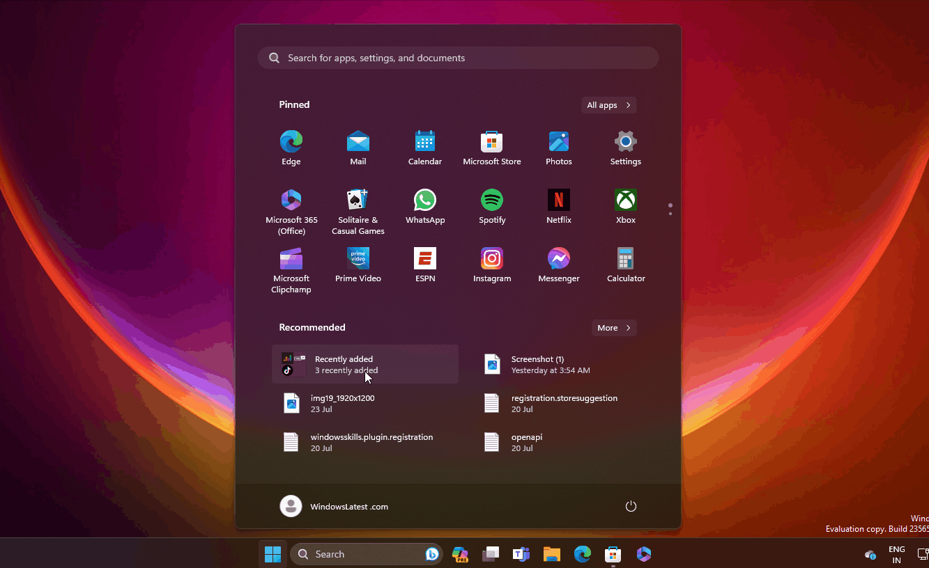 Folders in Start menu