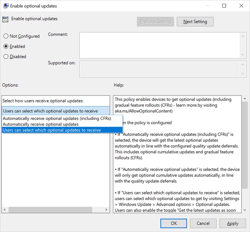 Enable optional updates in Group Policy Editor