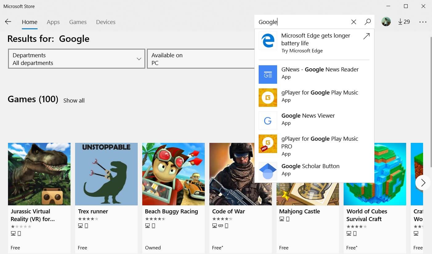 Google search app for Windows 10