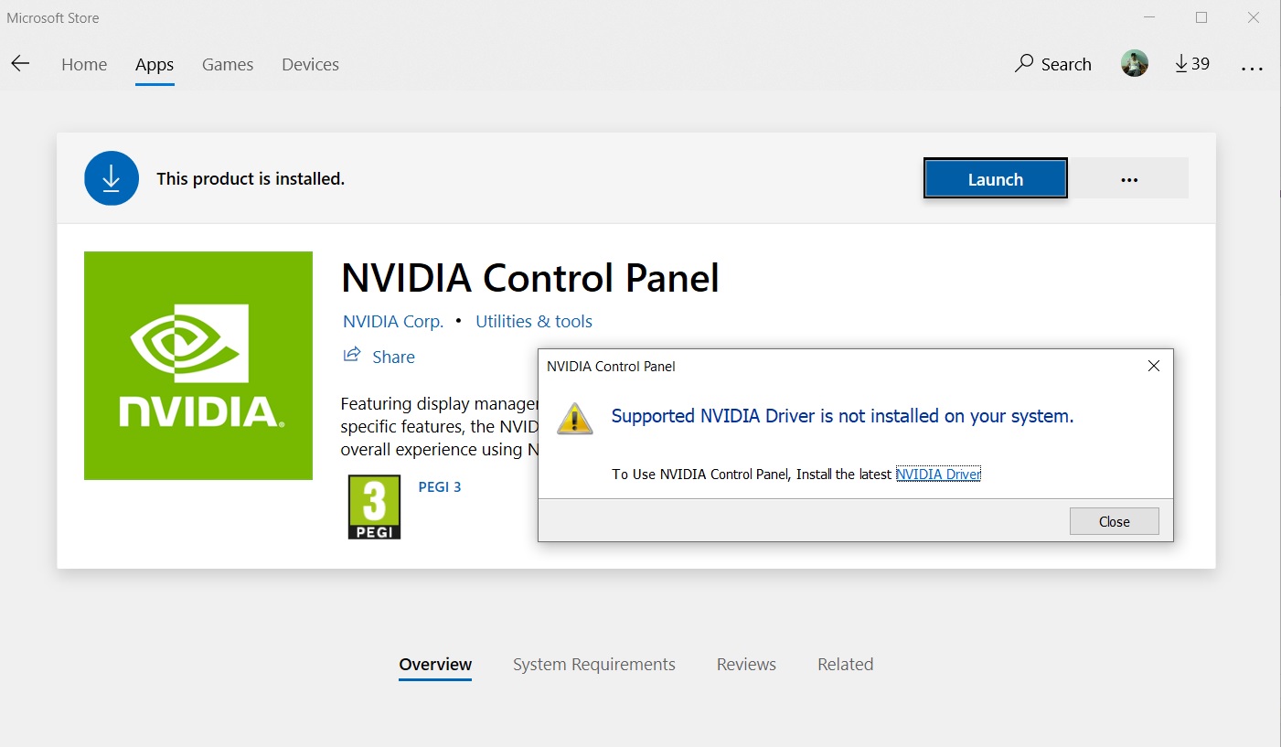 NVIDIA Control Panel app error