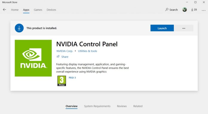 NVIDIA Control Panel app for Windows 10