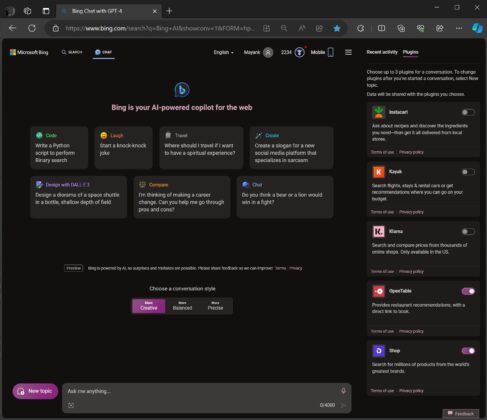 Plugins feature in Bing Chat AI