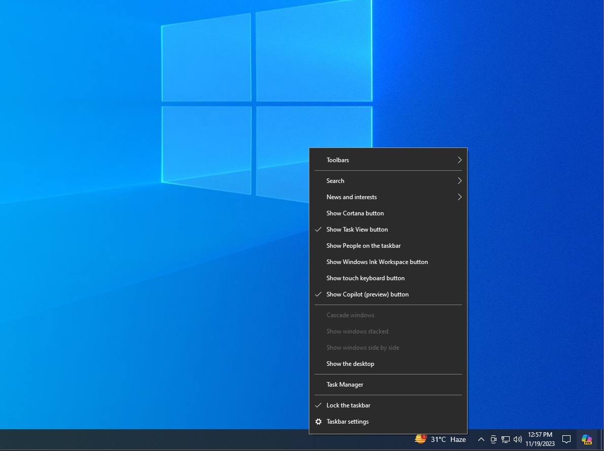 Show Copilot (preview) button on Windows 10 taskbar
