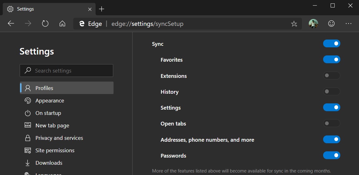 Sync features in Edge Canary