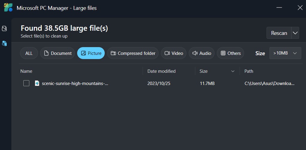 find large file PC manager