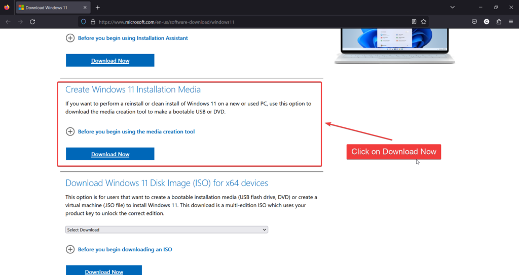 Media Creation Tool download page on Microsoft's website
