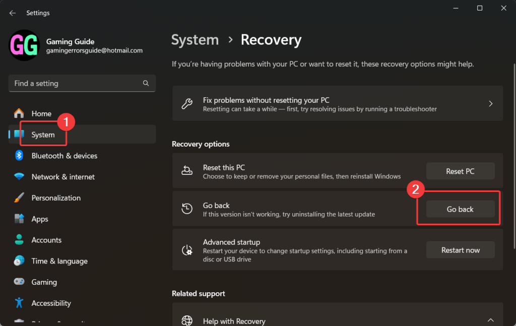 Settings > System > Recovery page lets you rollback the update