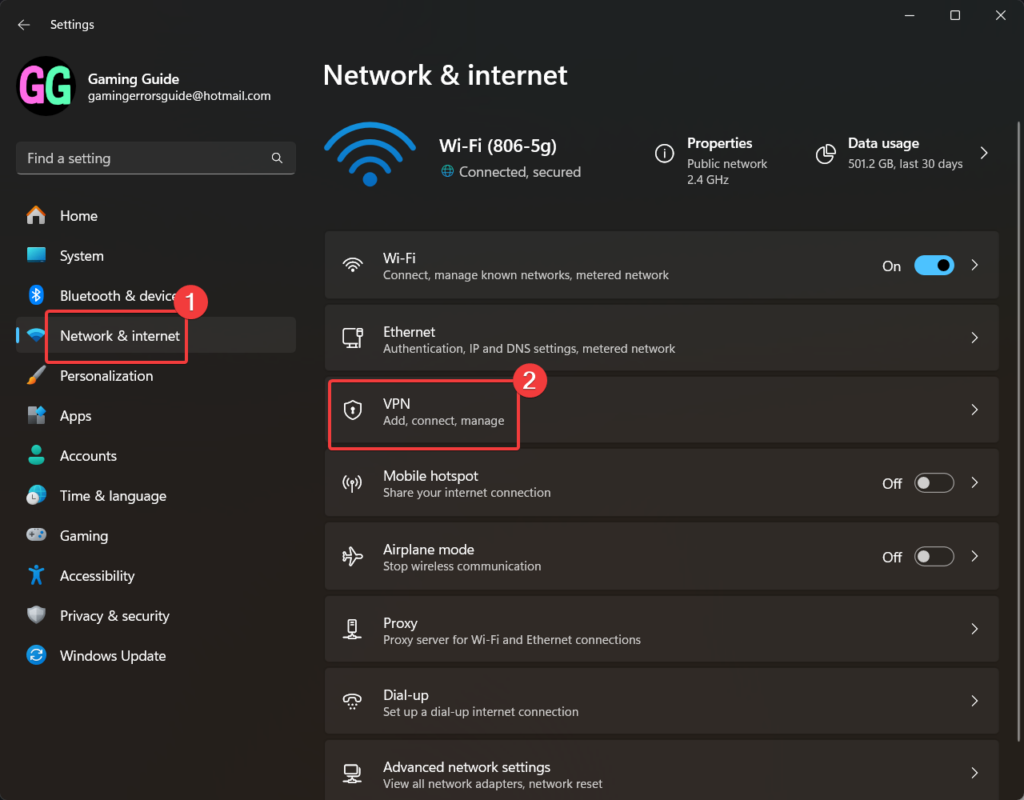 Reset VPN settings from Windows Update > Settings